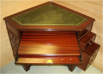 Corner Computer Desk with sliding keyboard tray and gold tooled Leather Top